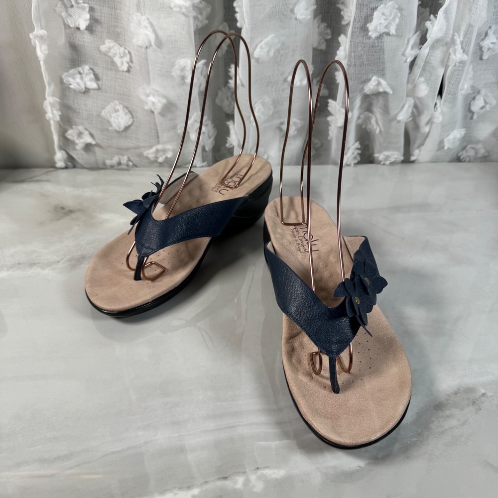 Malu Super Comfort Thong Sandals Blue Leather Flowers Cruise Beach Comfort 10